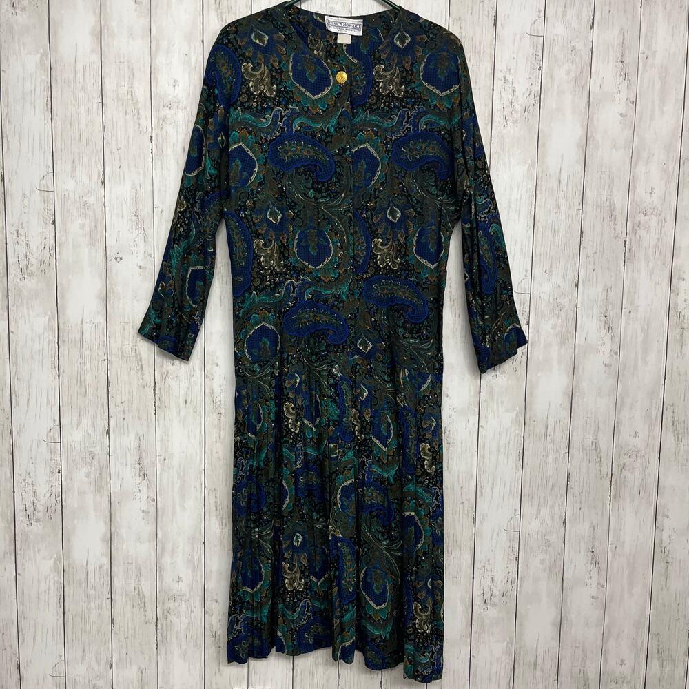 Vintage Jessica Howard Paisley Long Sleeve Modest Button Front Pleated Dress 12